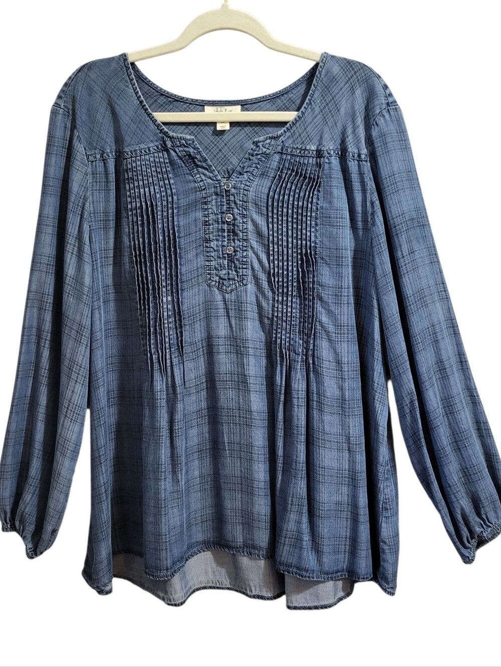 Style & Co Tunic Top Peasant Blouse Size XXL Blue Plaid Lyocell Balloon Sleeves